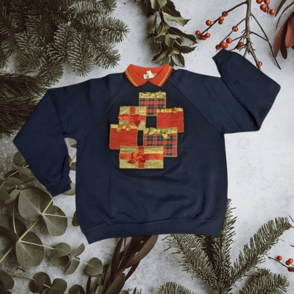 Vtg. navy Embellished holiday gold/red presents Christmas collared sweatshirt Lg - Picture 1 of 6